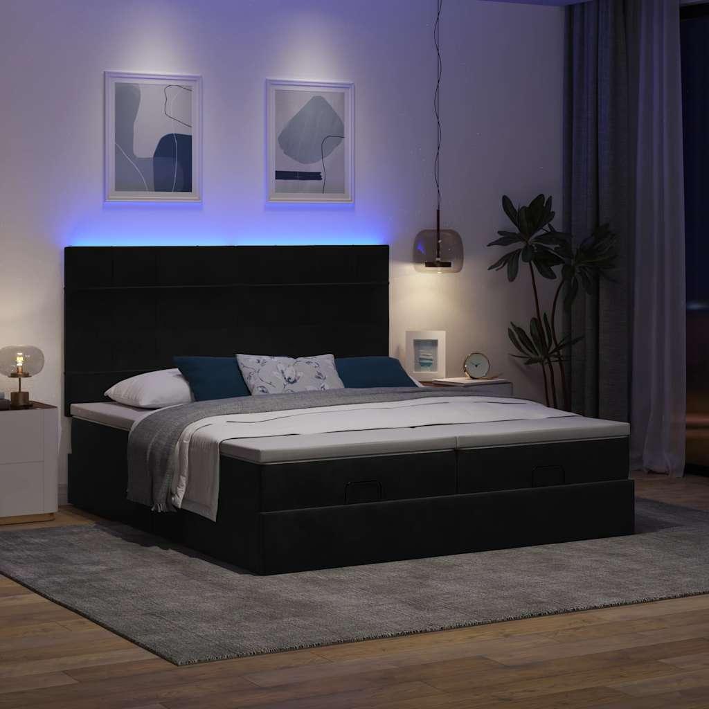 Ottomansk sengeramme med madrasser 200x200 cm - fløjl, sort, med LED-lys og opbevaring