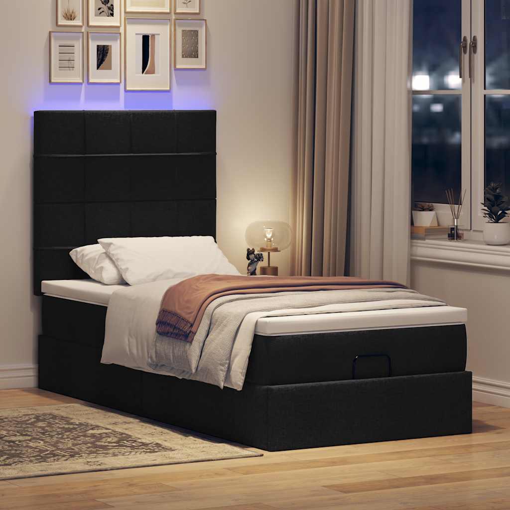 Ottomansk sengeramme med opbevaring og madras 90×190 cm - sort stof
