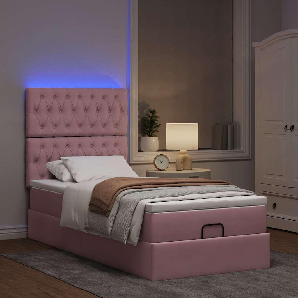 Ottomansk sengeramme med madrasser 100x200 cm - fløjl, lyserød med LED