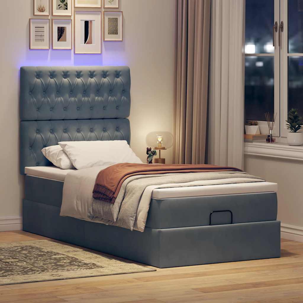 Ottomansk sengeramme med madrasser 90x190 cm - fløjl, mørkegrå, med LED