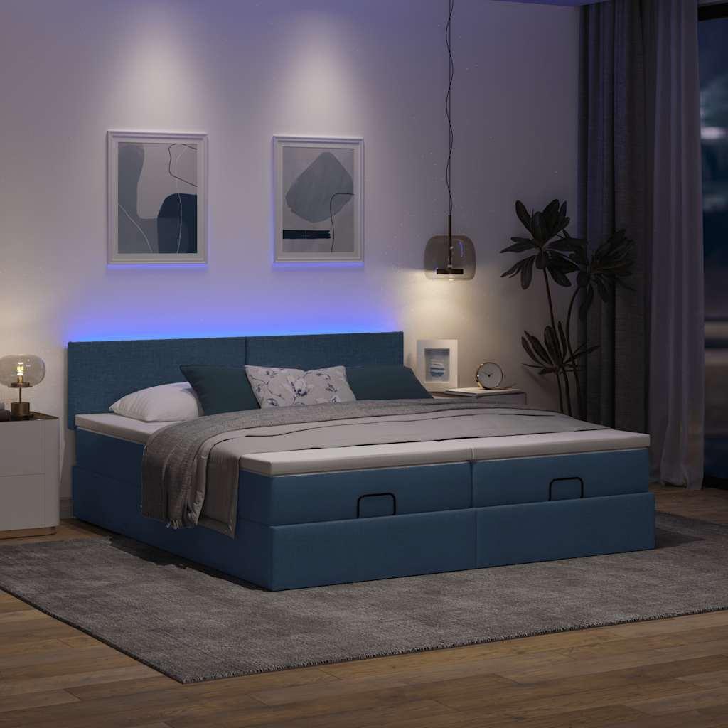 Ottomansk sengeramme med madrasser 180x200 cm - stof, blå, med LED-lys og opbevaring