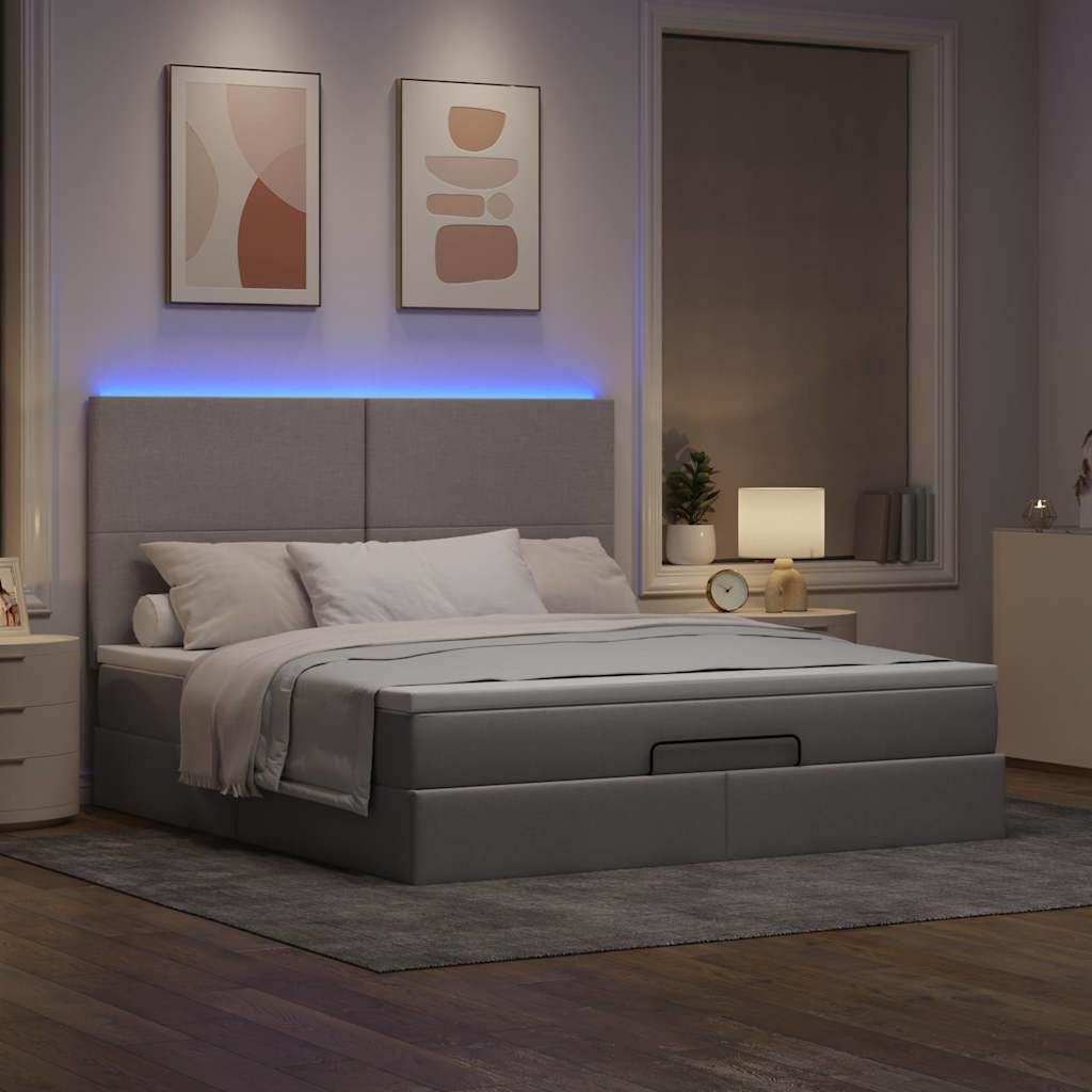 Osmannisk sengeramme med opbevaring og madras 160×200 cm - stof, gråbrun med LED