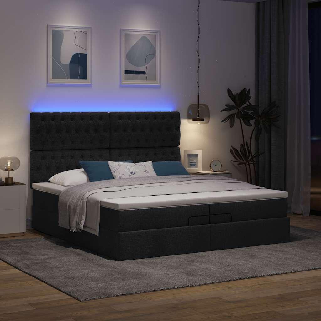 Ottomansk sengeramme med opbevaring og madrasser 200x200 cm - stof, sort