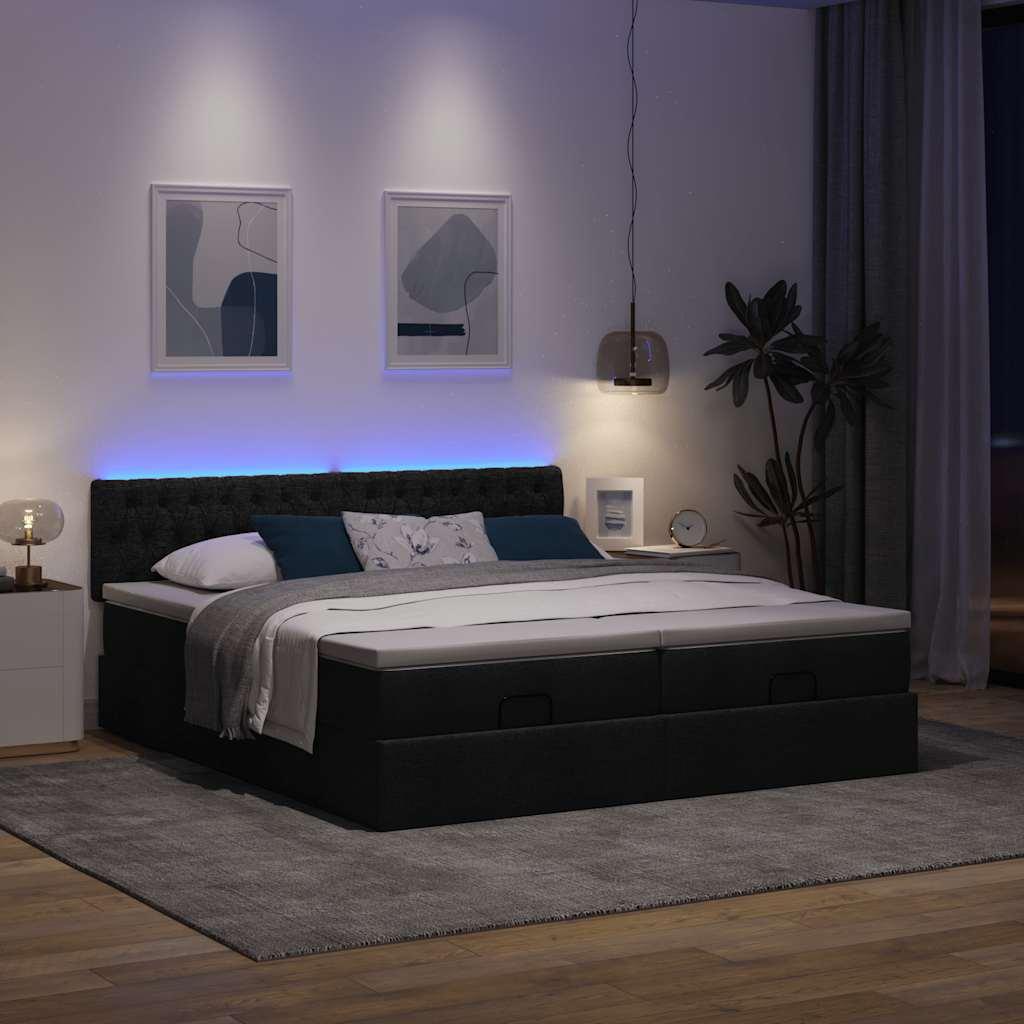 Ottomansk sengeramme med madrasser 200x200 cm - stof, sort, med LED-lys og opbevaring
