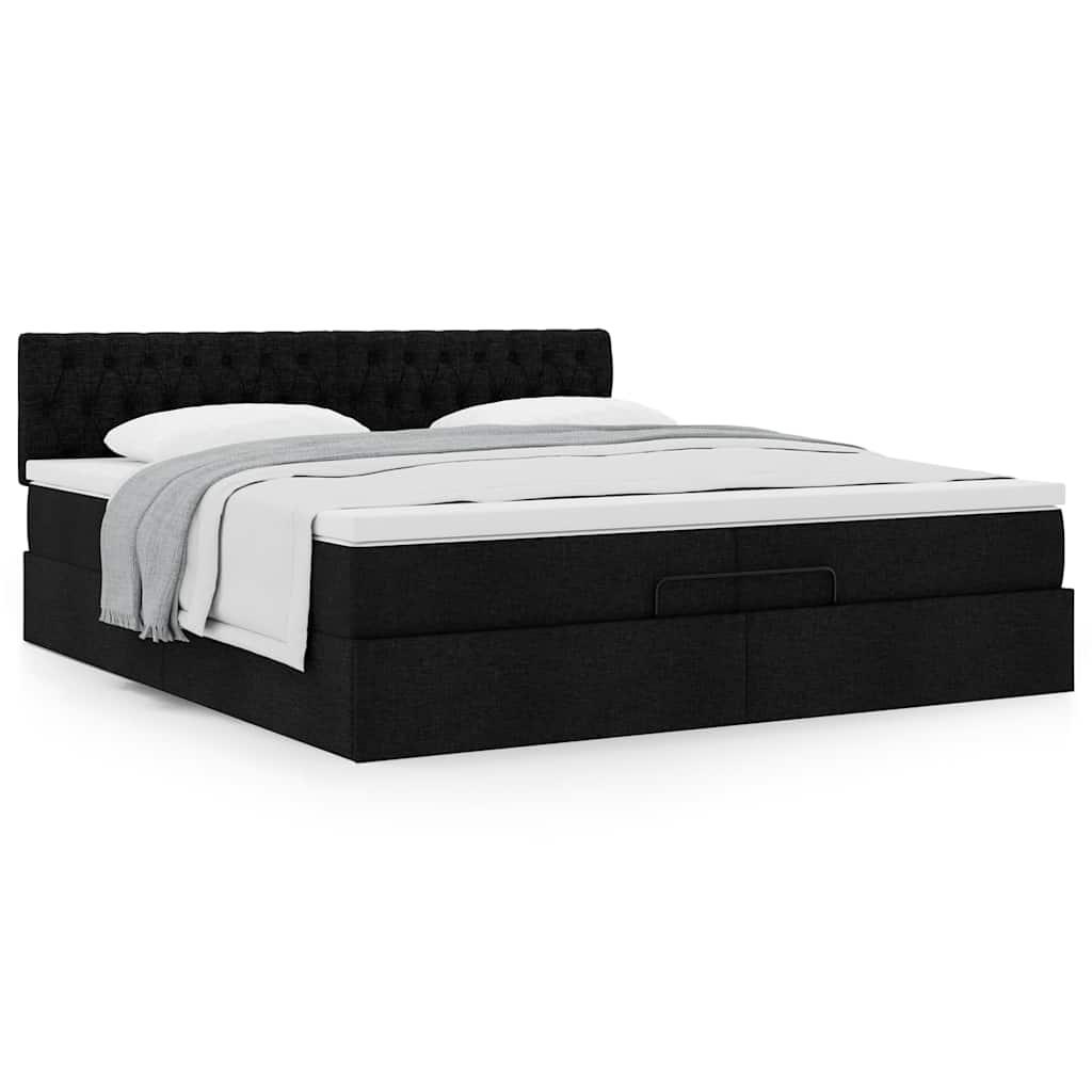 Ottomansk sengeramme med opbevaring inkl. madras 200×200 cm - stof, sort