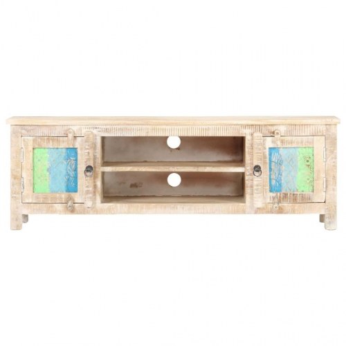 Tv-bord 120×30×40 cm i ru akacietræ - hvidvasket, med låger i blomsterudskåret design