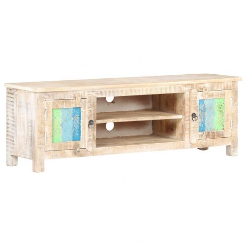Tv-bord 120×30×40 cm i ru akacietræ - hvidvasket, med låger i blomsterudskåret design
