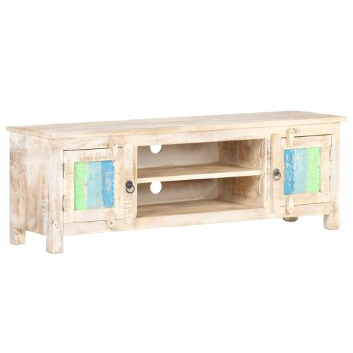 Tv-bord 120×30×40 cm i ru akacietræ - hvidvasket, med låger i blomsterudskåret design