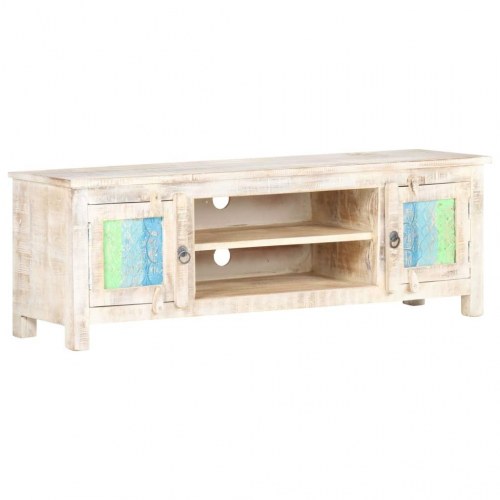 Tv-bord 120×30×40 cm i ru akacietræ - hvidvasket, med låger i blomsterudskåret design