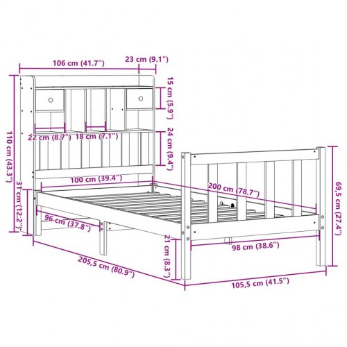Seng med reol uden madras 100x200 cm i massivt fyrretræ