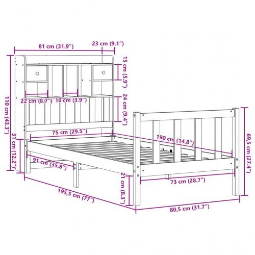 Seng med reol 75x190 cm i massivt fyrretræ - hvid