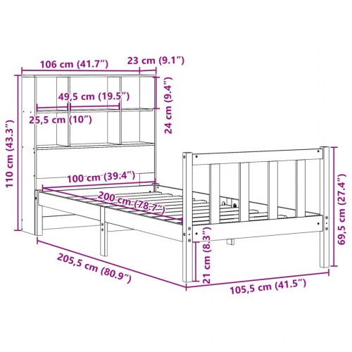 Seng med reol uden madras 100x200 cm massivt fyrretræ