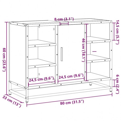 Underskab til håndvask 80x33x60 cm konstrueret træ grå sonoma