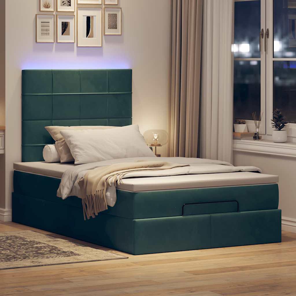 Osmannisk sengeramme med madras og topmadras 120×200 cm - fløjl, mørkegrøn, med LED-lys