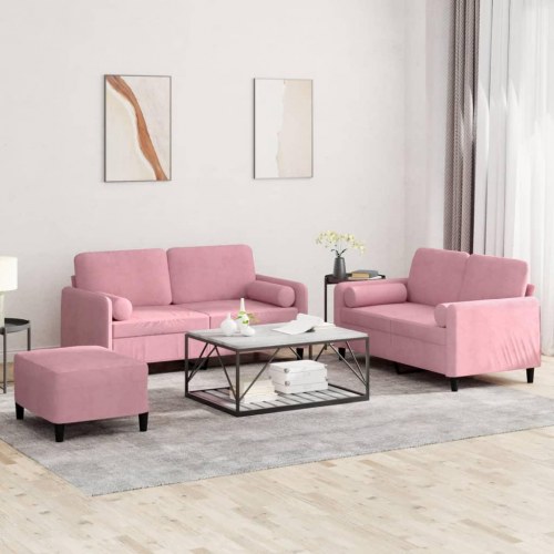 Sofasæt i velour - 3 dele med puder og fodskammel, lyserød