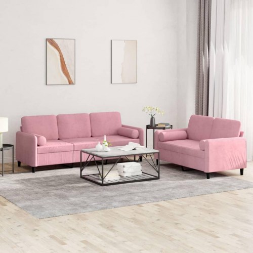 Sofasæt i velour med puder - 2 og 3 personers, lyserød
