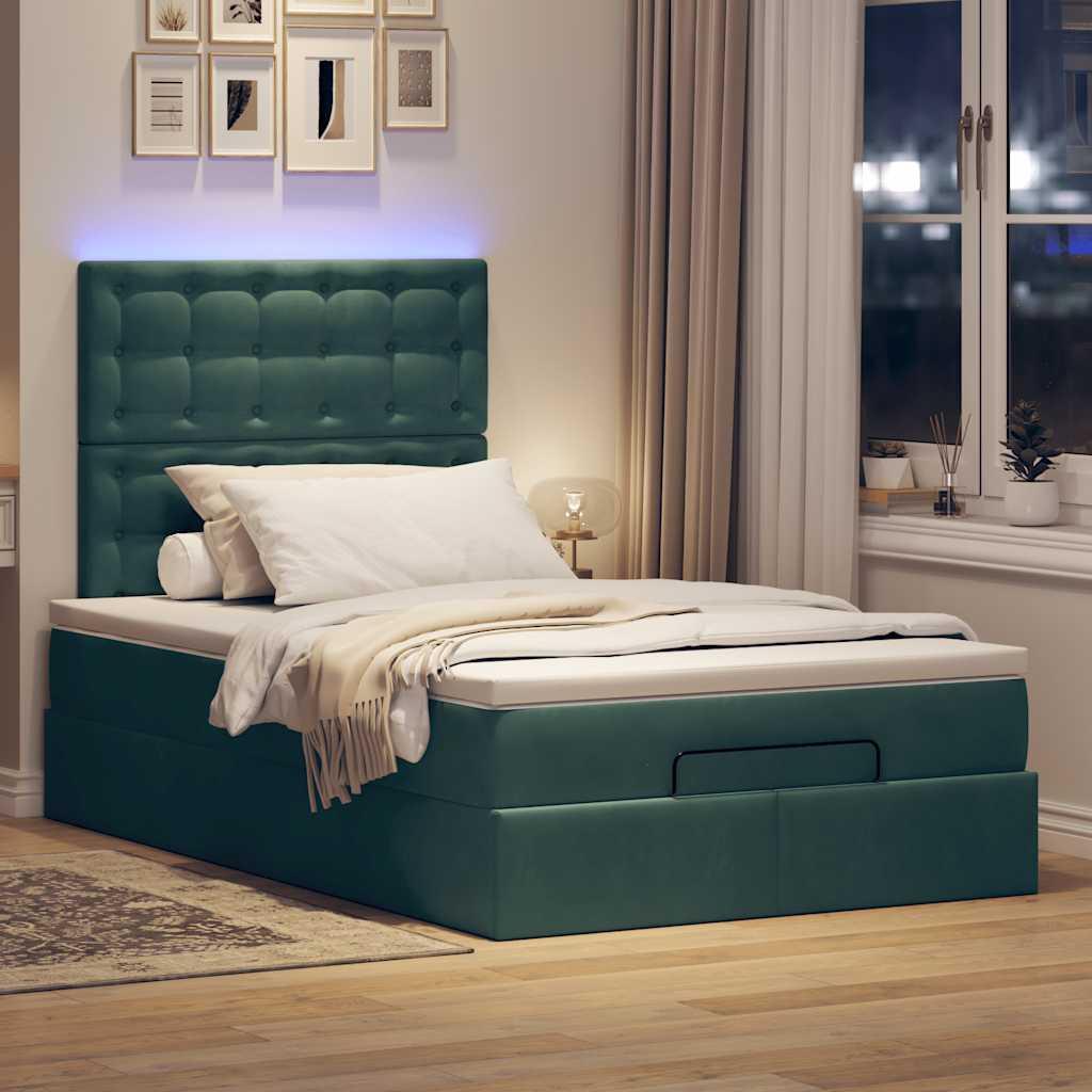 Ottomansk sengeramme med madras og topmadras 120x200 cm - fløjl, mørkegrøn, med LED-lys