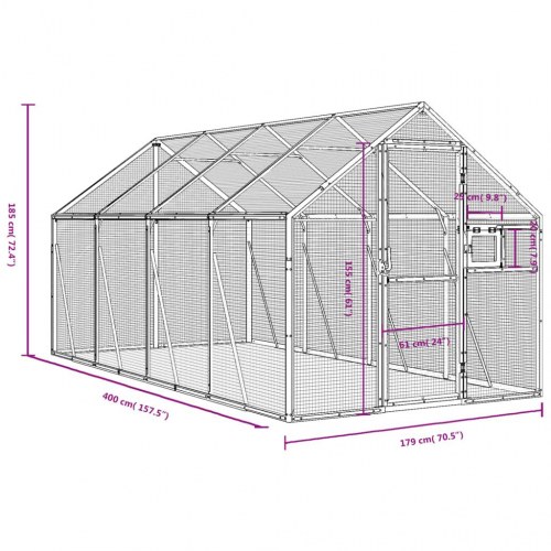 Voliere i aluminium 1,79 × 4,00 × 1,85 m - sølvfarvet
