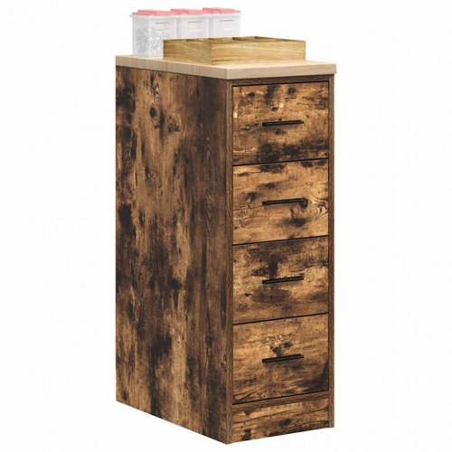 Garageopbevaringsskab med 4 skuffer - røget eg, 30×51×85 cm, bordplade i massivt fyrretræ