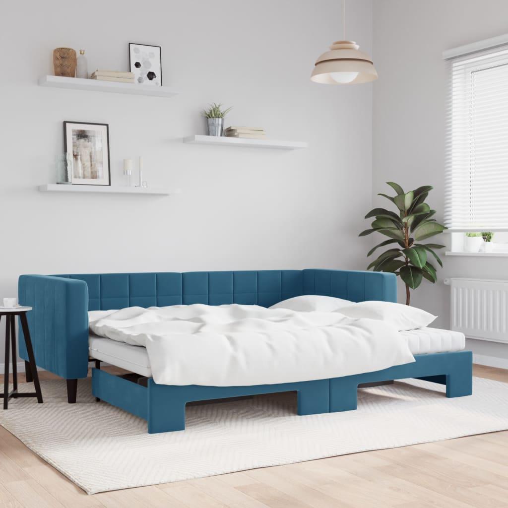 Daybed med udtræk og 2 madrasser 90x200 cm i blå velour