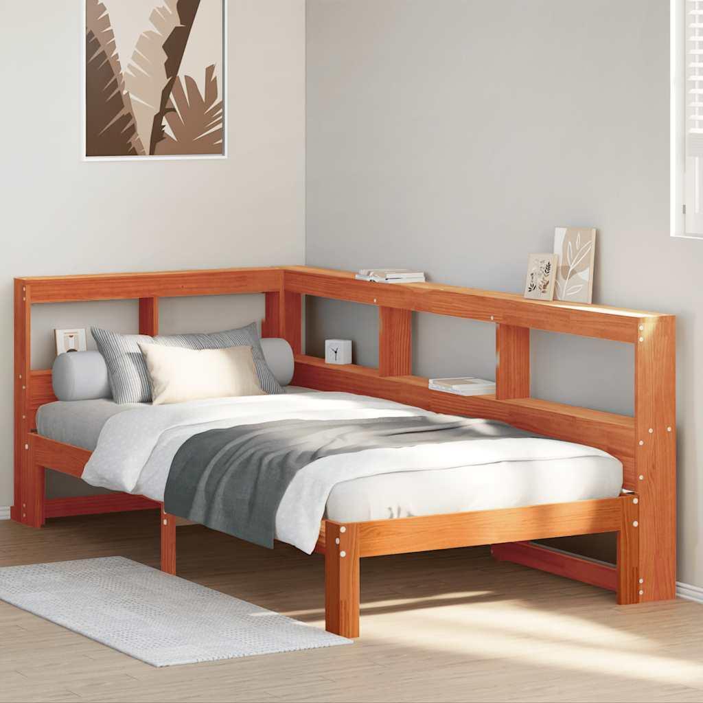 Seng med reol uden madras 90x200 cm massivt fyrretræ gyldenbrun