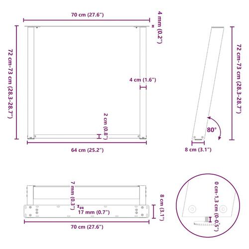 Spisebordsben U-formet 2 stk. 70x(72-73) cm stål sort