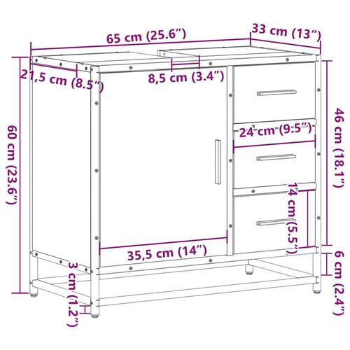 Underskab til badeværelse 65x33x60 cm konstrueret træ sonoma-eg