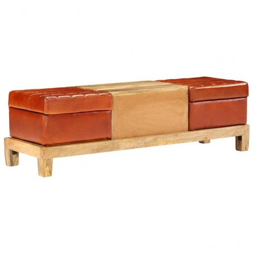 Opbevaringsbænk massivt mangotræ ægte læder 120 x 36 x 36 cm