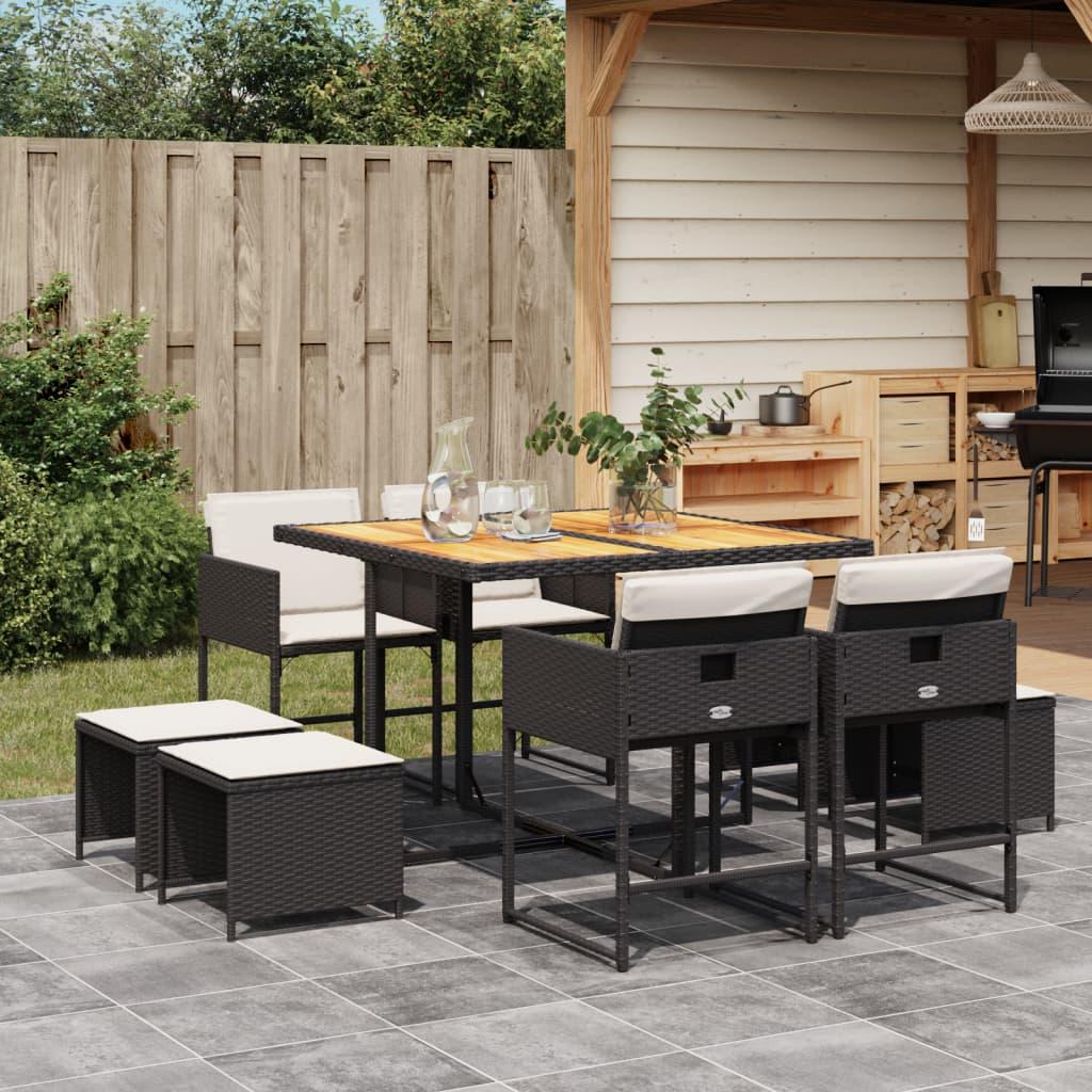 Spisebordssæt Til Haven 9 Dele Med Hynder Polyrattan Beige - 8 / Sort og cremefarvet / træ