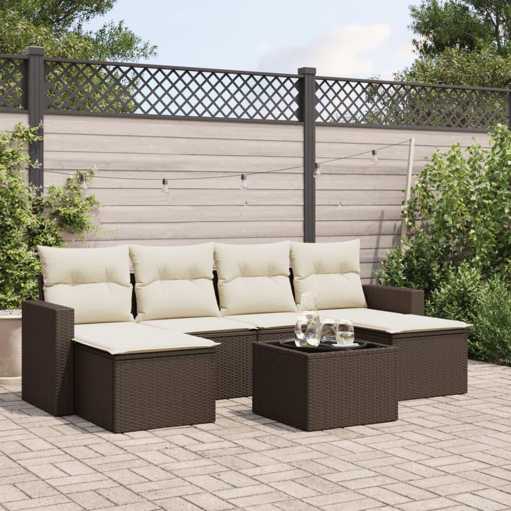 Sofasæt Til Haven 6 Dele Med Hynder Polyrattan - Brun og cremefarvet / Med bord