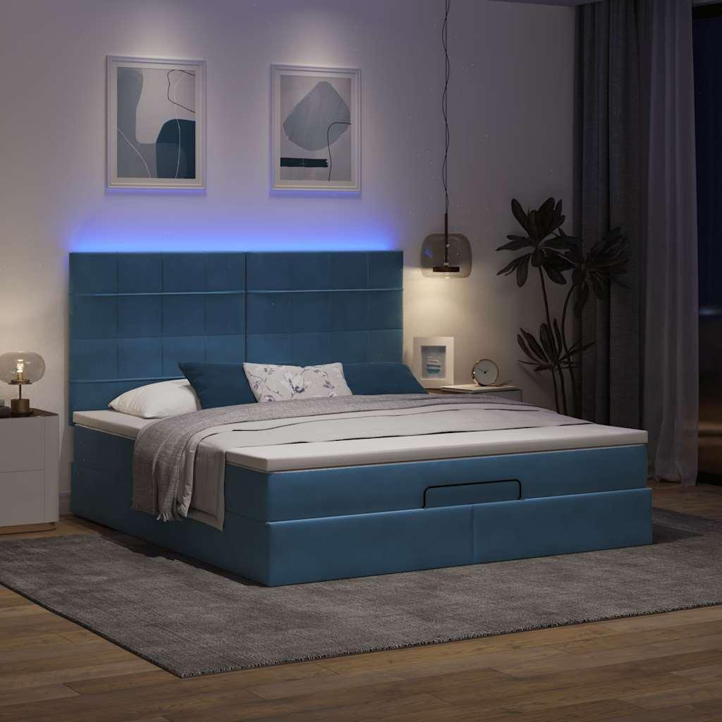Osmannisk sengeramme med madrasser 160x200 cm - fløjl mørkeblå med LED-lys