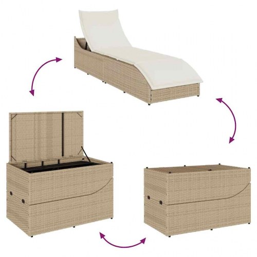 Sammenklappelig solseng med hynde og opbevaring i polyrattan - beige