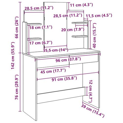 Makeupbord med spejl 96x39x142 cm gammelt træ-look