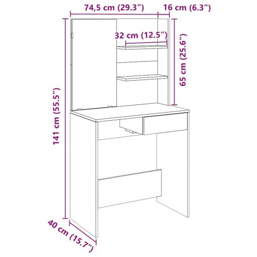 Makeupbord med spejl 74,5 × 40 × 141 cm - gammelt træ-look