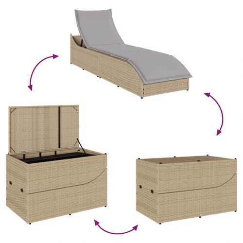 Sammenklappelig solseng i polyrattan med hynde og opbevaring - beige