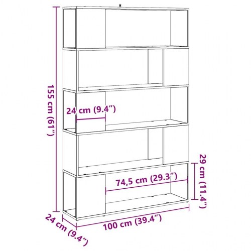 Bogreol/rumdeler 100x24x155 cm gammelt trælook