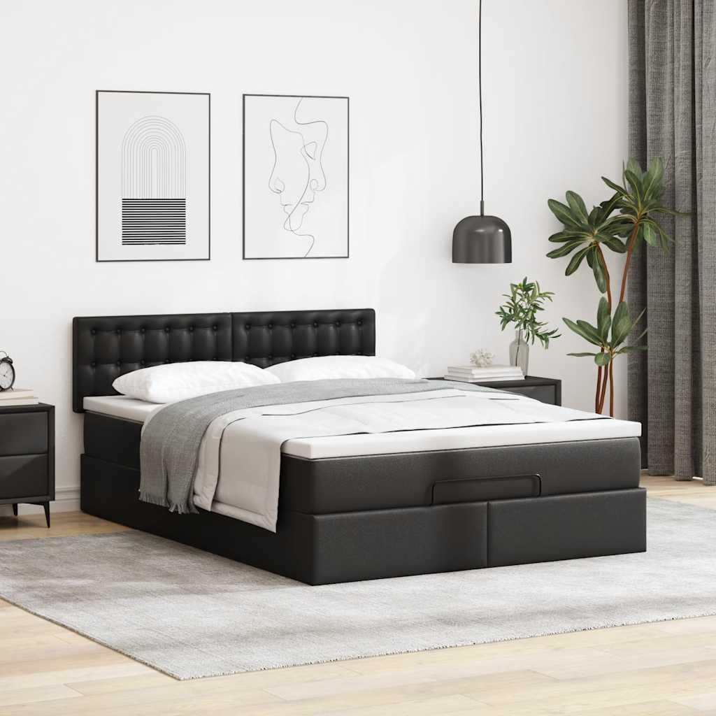 Ottomansk sengeramme med madras 140×190 cm - kunstlæder, sort