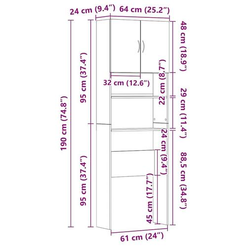 Vaskemaskineskab 64x24x190 cm konstrueret træ gammelt træ-look