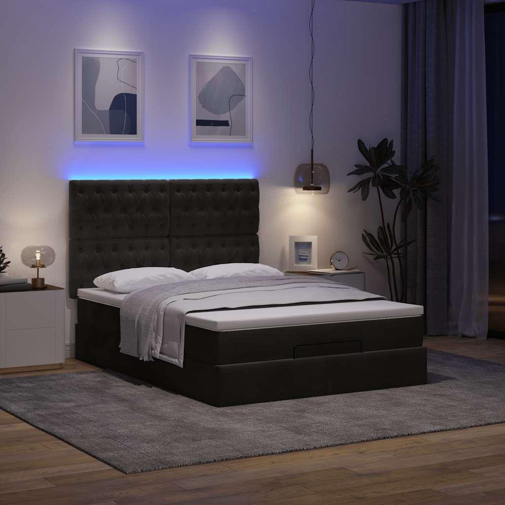 Osmannisk sengeramme med madras og topmadras 140×190 cm - fløjl, sort, opbevaring og LED