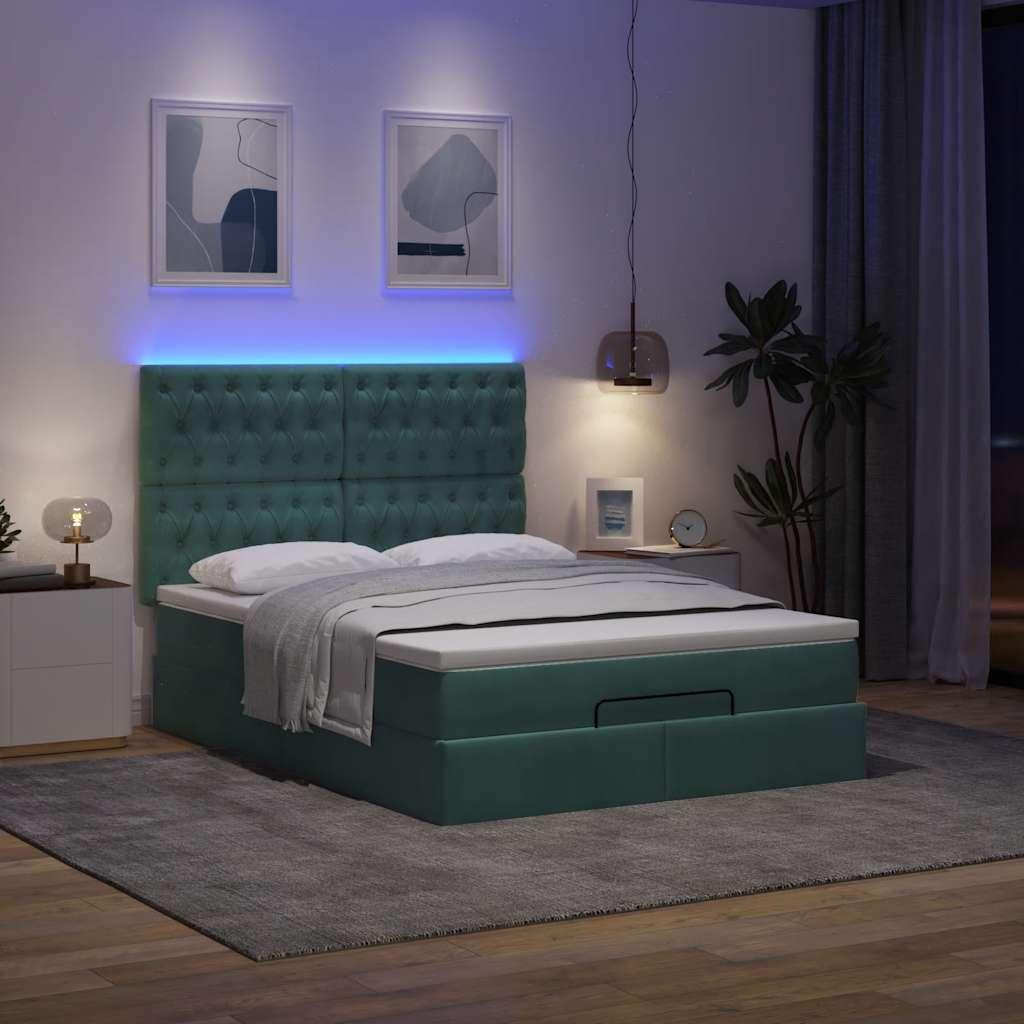 Osmannisk sengeramme med madrasser 140x200 cm i fløjl - mørkegrøn, opbevaring og LED