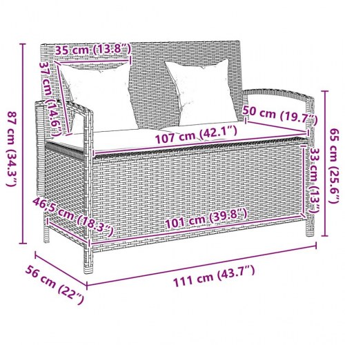 Opbevaringsbænk til haven med hynde polyrattan sort