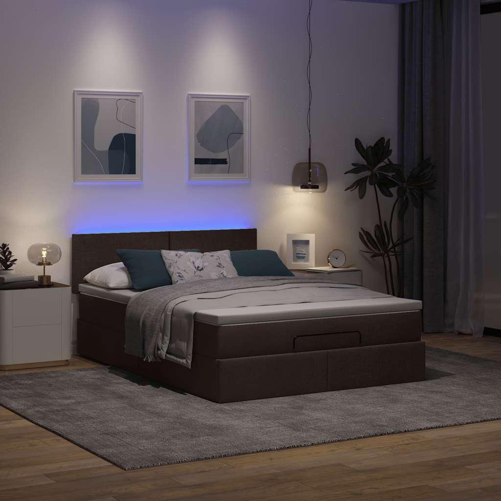Ottoman seng med madras & LEDs Mørkebrun 140x190 cm Stof billede