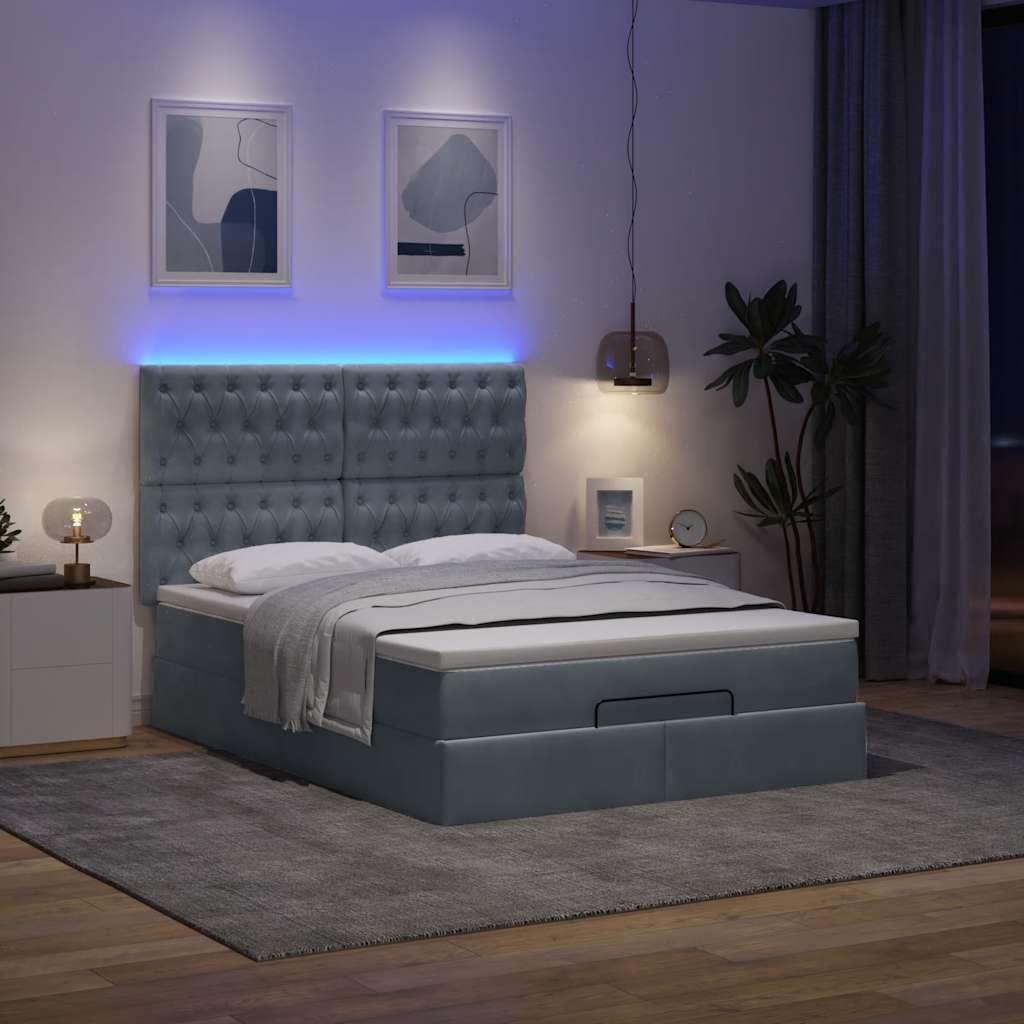 Osmannisk sengeramme med madras og topmadras 140×190 cm - fløjl, mørkegrå, opbevaring og LED