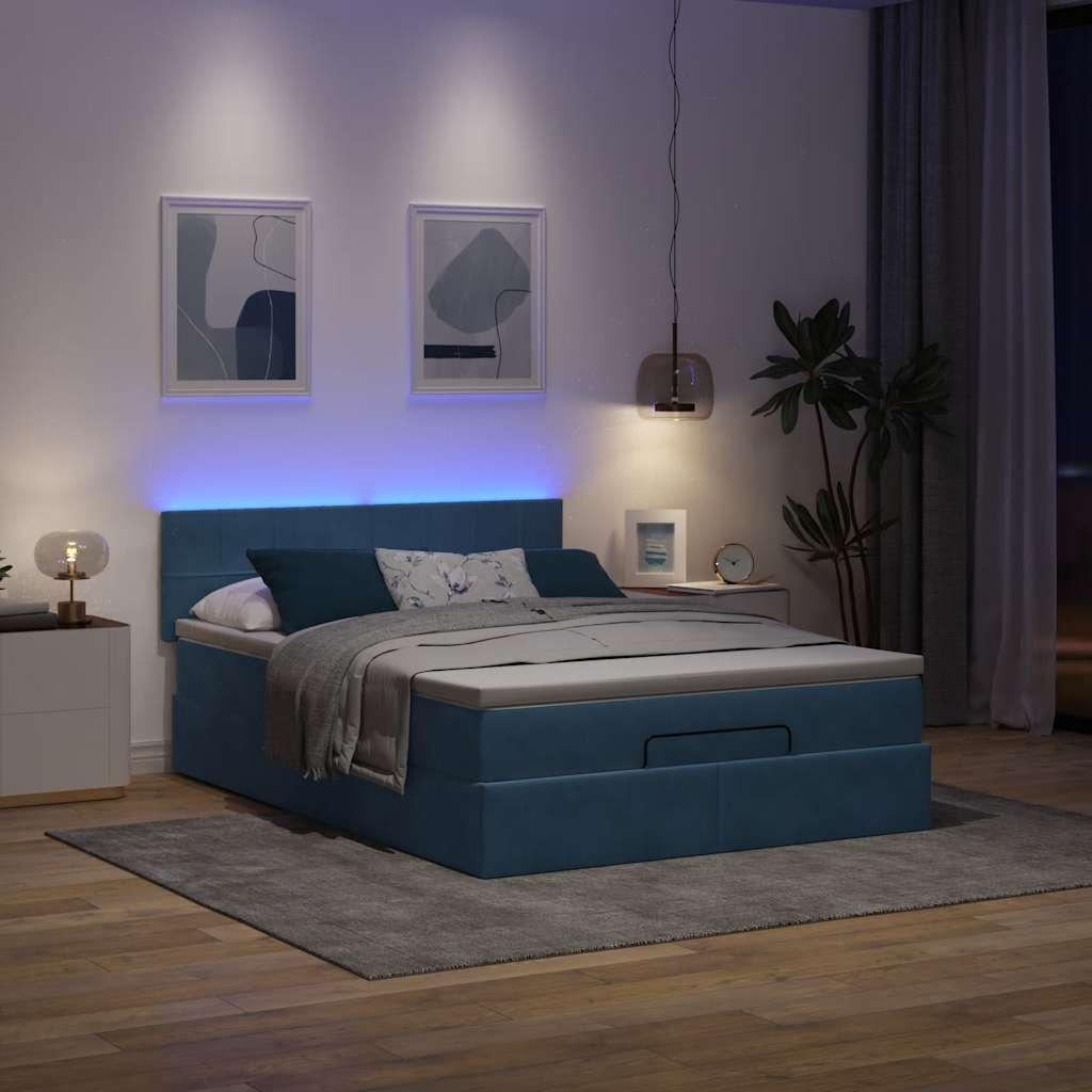 Osmannisk Sengeramme Med Madras Fløjl Mørkeblå - Blok med firkanter / 140 x 190 cm