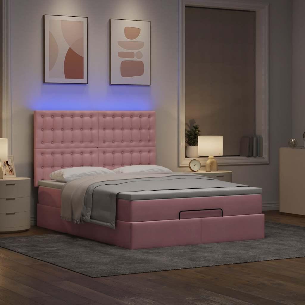 Osmannisk sengeramme med madras og topmadras 140×190 cm - fløjl, lyserød, med LED