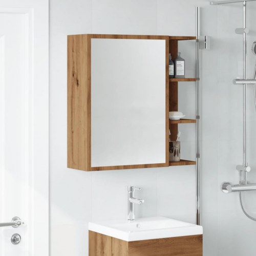 Badeværelsesskab med spejl - egetræ, 62,5 × 20,5 × 64 cm, konstrueret træ