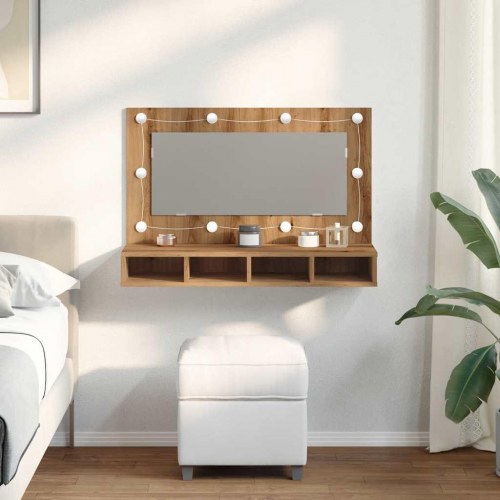 Spejlskab med LED - kunstig eg, 90 x 31,5 x 62 cm
