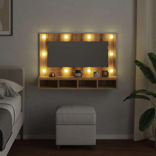 Spejlskab med LED - kunstig eg, 90 x 31,5 x 62 cm