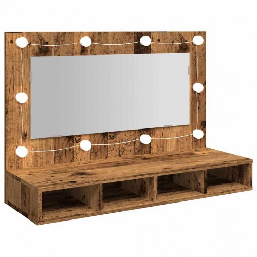 Spejlskab med LED-lys 90 × 31,5 × 62 cm - gammelt træ-look