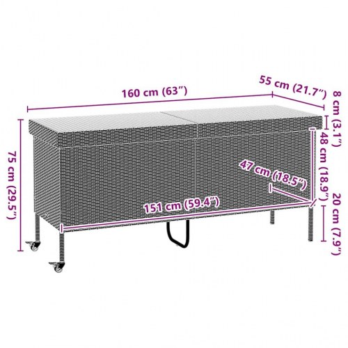 Opbevaringsboks med hjul i polyrattan - 160 × 55 × 75 cm, grå